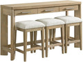 Pemberly Row Oak Console Table Set, Sand Dune Beige Finish, Solid Wood Construction with 3 Drawers & 3 Upholstered Stools, Coastal-Inspired Space-Saving Design for Entryway or Living Room