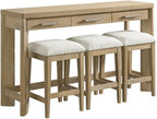 Pemberly Row Oak Console Table Set, Sand Dune Beige Finish, Solid Wood Construction with 3 Drawers & 3 Upholstered Stools, Coastal-Inspired Space-Saving Design for Entryway or Living Room