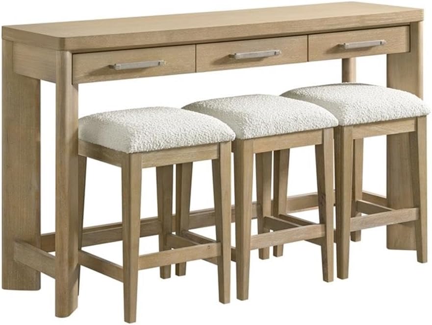 Pemberly Row Oak Console Table Set, Sand Dune Beige Finish, Solid Wood Construction with 3 Drawers & 3 Upholstered Stools, Coastal-Inspired Space-Saving Design for Entryway or Living Room