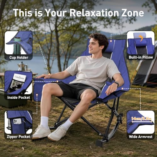 Slendor Oversized Rocking Camping Chair, High Backrest Folding Chair, Blue | 37" Wide, 330lbs | Smooth U-Shape Rocking Base | 600D Oxford, Removable Pillow | Side Pocket, Carry Bag, Quick-Fold
