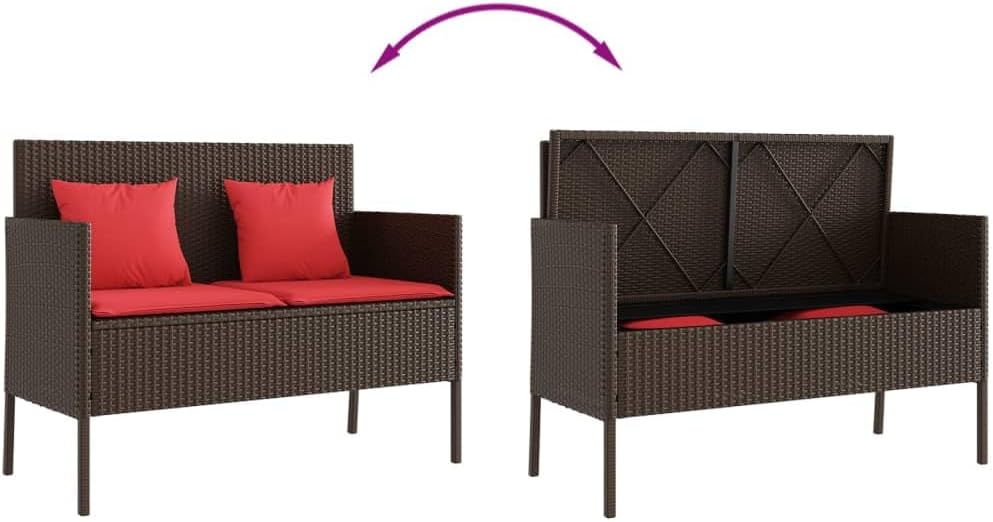 Brown Poly Rattan Outdoor Storage Bench with Cushion, PE Rattan Patio Seating with Waterproof Storage Bag and Gas Spring Lid