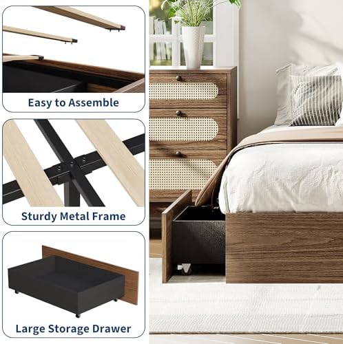 GarveeHome Wood Platform Bed Frame, Queen Bed Frame with 2 Drawers