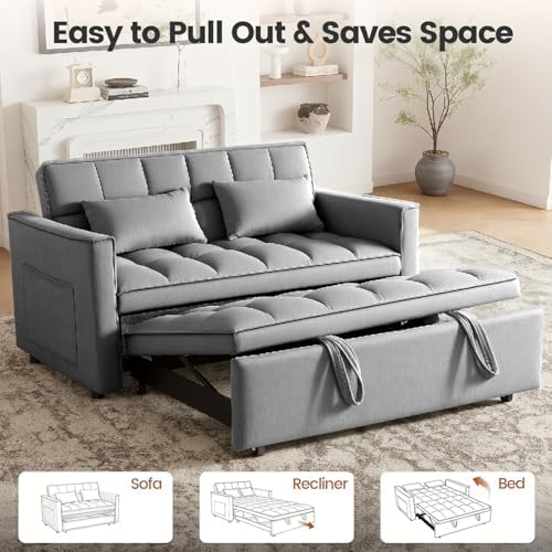 54" Convertible Sofa Bed with Adjustable Backrest, Dark Gray | Soft Velvet Sleeper Loveseat with Pull out Bed, Adjustable Backrest, Side Pockets, Ideal for Apartments and Guest Rooms