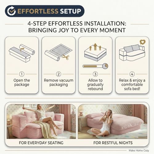 78.7" Futon Sofa Bed, Memory Foam Convertible Couch, Pink | Sophisticated comfort with premium corduroy, one-flip conversion, built-in blanket, and ergonomic support