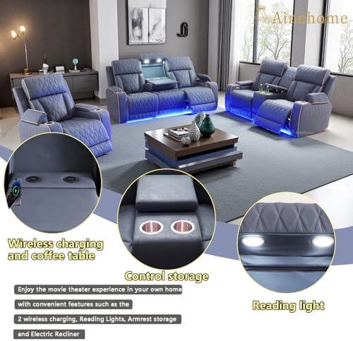A Ainehome Sanded Leather Power Recliner Sofa Set with LED, 3 Pieces Living Room Furniture Sets, Blue Gray Reclining Sofa Sectional Couches for Living Room with USB Port/Storage Console/Cup Holders