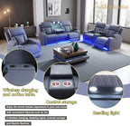 A Ainehome Sanded Leather Power Recliner Sofa Set with LED, 3 Pieces Living Room Furniture Sets, Blue Gray Reclining Sofa Sectional Couches for Living Room with USB Port/Storage Console/Cup Holders