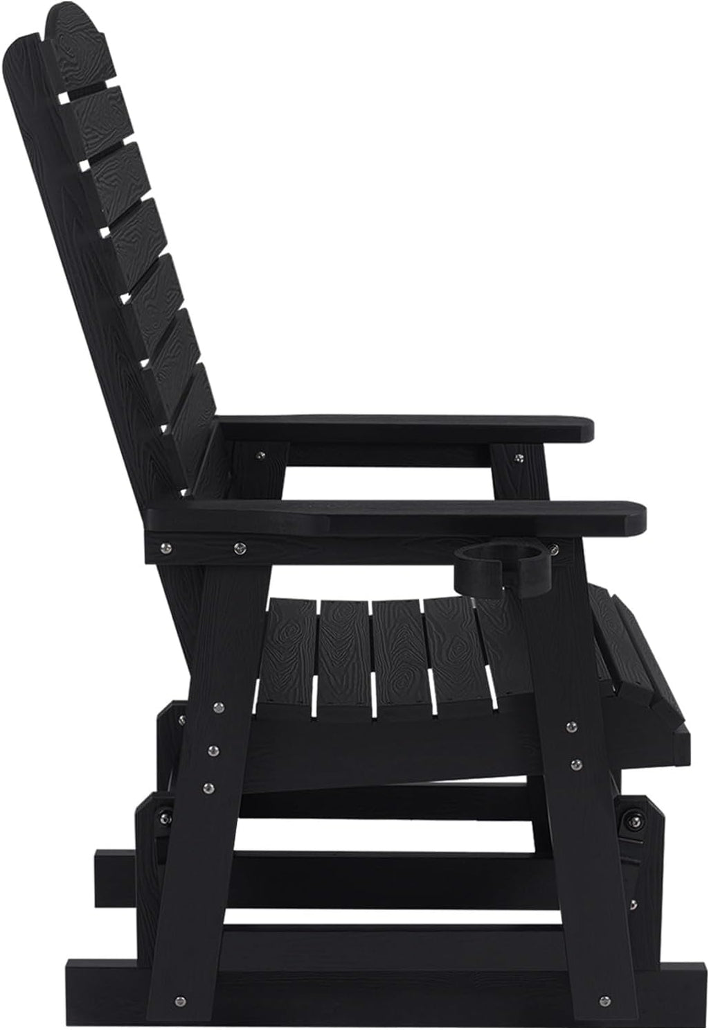 Poly Lumber Patio Glider for One Person, with Cup Holders, High Backrest and Deep Contoured Seat, HIPS Material, All-Weather Resistant, Heavy Duty 700 Pounds (Black)