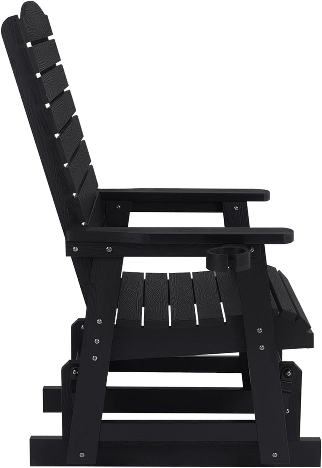 Poly Lumber Patio Glider for One Person, with Cup Holders, High Backrest and Deep Contoured Seat, HIPS Material, All-Weather Resistant, Heavy Duty 700 Pounds (Black)