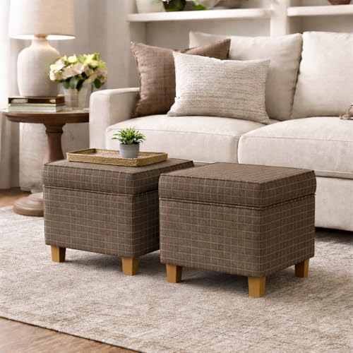 Homepop Home Decor Classic Square Storage Ottoman with Lift Off Lid | Ottoman with Storage for Living Room & Bedroom, Brown Window Pane Fabric