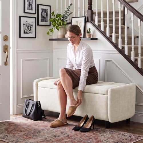 Furniliving 46.5‘’ Chenille Storage Bench, Button-Tufted Upholstered Storage Ottoman Bench with Safety Hinge, End of Bed Bench for Bedroom Entryway Living Room, Beige