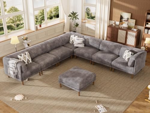 Cloud Sectional Couches for Living Room,Modular Sectional Sofa,Grey | Extra Deep 8 Seater,Mid Century Modern Oversized Couches With Ottoman,Solid Wood Leg,Large Sofa for Big Space,Office