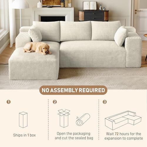 ONEMMLION 96" L-Shaped Cloud Couch Sofa with Chaise, Beige White | Corduroy Comfy Fluffy Modular Deep Seat Memory Foam Compressed Sectional Sofa for Living Room Oversized Left Facing Chaise