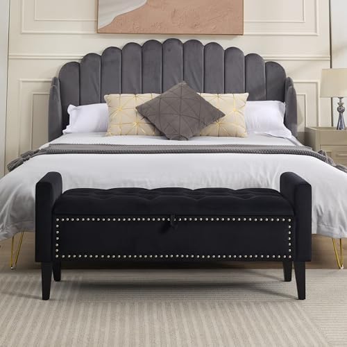 WUTUTUEE 47" Velvet Storage Bench, Upholstered Bed Bench with Storage, End of Bed Ottoman with Wooden Legs,Bedside Storage Bench for Bedroom, Living Room, or Entryway, Black
