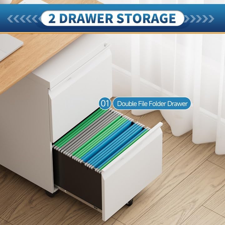 2 Drawer File Cabinet with Lock,Filing Cabinet for Home Office,Small Rolling for Legal/Letter/A4 File,Mobile Cabinets on Wheels Under Desk -White