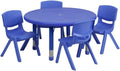 Pemberly Row 5 Piece Round Plastic Adjustable Kids Table Set, 33" Table with Steel Frame, Includes 4 Stackable Chairs, Blue Finish, Safety Corners, Classroom or Playroom Furniture for Ages 3-7