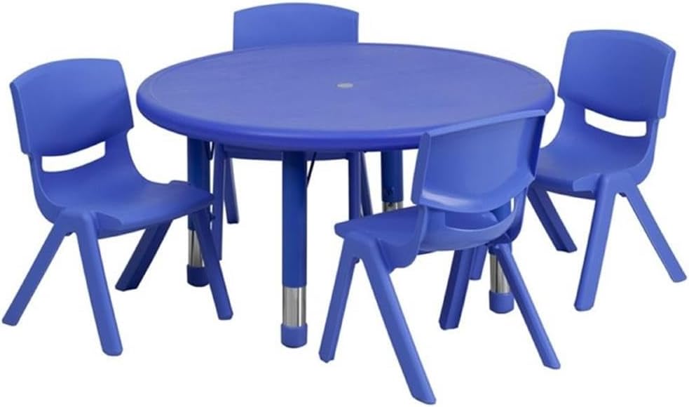 Pemberly Row 5 Piece Round Plastic Adjustable Kids Table Set, 33" Table with Steel Frame, Includes 4 Stackable Chairs, Blue Finish, Safety Corners, Classroom or Playroom Furniture for Ages 3-7