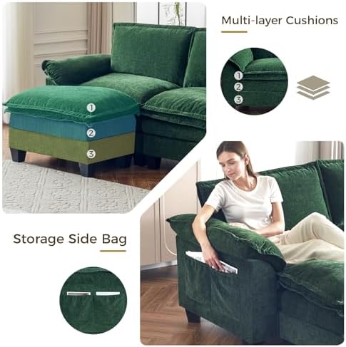 KKL Large V-Shaped Modular Sectional Sofa, 7 Seater Cloud Couch with Ottoman, Chenille Sectional Couches for Living Room, Apartment, Green | Chenille Oversized Sectional Couches for Living Room, Apartment, Green