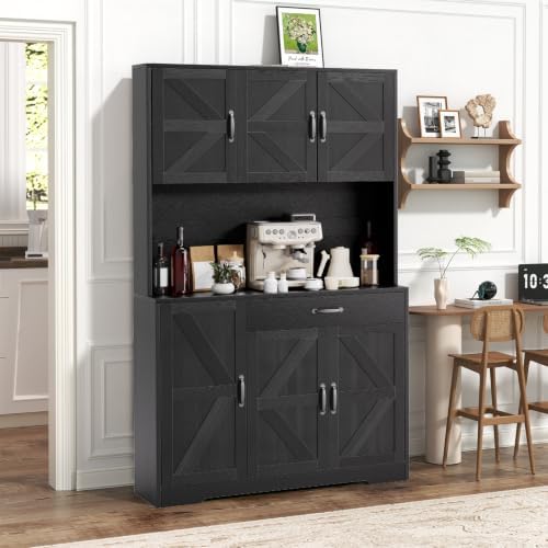 GRUSIGN 71" Pantry Cabinet with Charging Station, Large Capacity Kitchen Hutch Storage Cabinet, Kitchen Cabinet with Microwave Stand, Storage Drawers & Adjustable Shelves for Dining Room, Black
