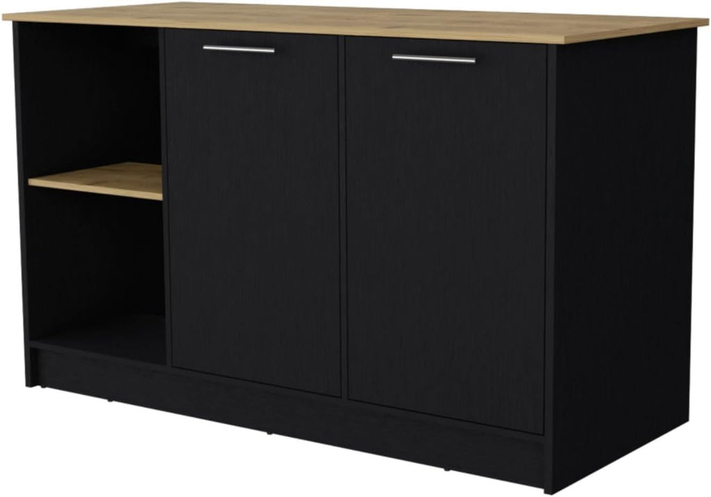 Hassyee Fashionable and Minimalist Style Fixed Kitchen Island, Equipped with Spacious Countertops, Two Open Storage Shelves, Double Door Design, Suitable for Kitchen Use (Black+Natural)