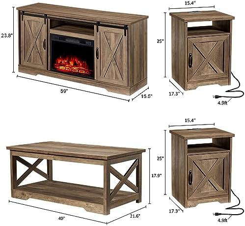 AMERLIFE Farmhouse 5 Piece Living Room Table Set, 59" TV Stand, Barnwood | TV Console for Living Room with 23" Electric Fireplace, 40" Coffee Table and 2 End Tables with Charging Station and USB Ports