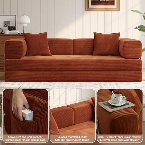 MoonSpeak 78.8'' Futon Sofa Bed, Couches for Living Room | Corduroy Convertible Futon Sofa Bed with Storage Pocket, Modular Sleeper Couch in a Box, No Assembly (Rust Red)