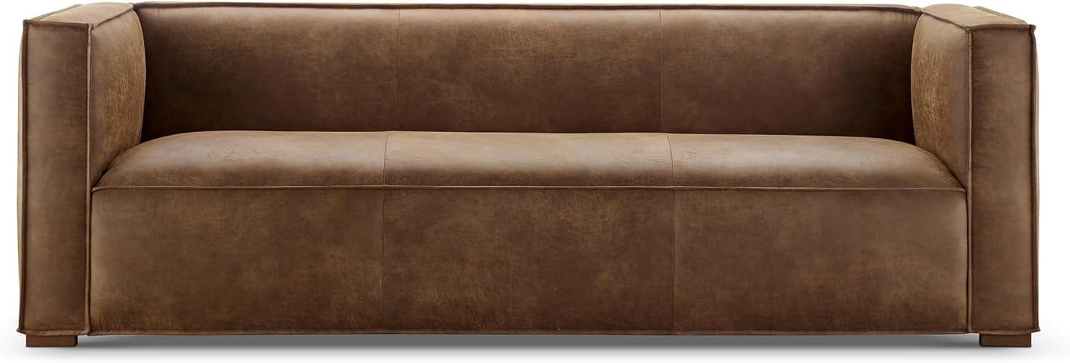 CHERS 83.3" Mid Century Modern Sofa, Luxury French Mixed Fabric Couch with Tight Back, Square Armrest Lounge Sofas for Living Room, Apartment, Bedroom, Office, Chestnut