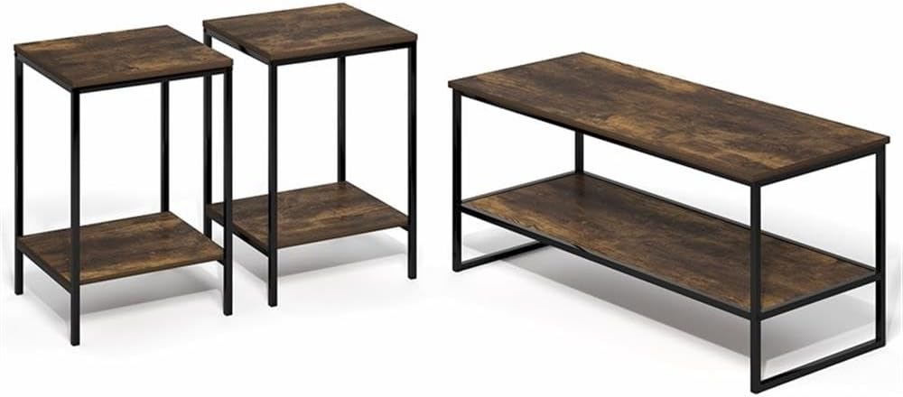 Pemberly Row 3-Piece 2-Tier Coffee Table Set, Amber Pine Finish, Engineered Wood and Metal, Includes Coffee Table and 2 Side Tables, Durable Living Room Furniture for Small Spaces and Organization