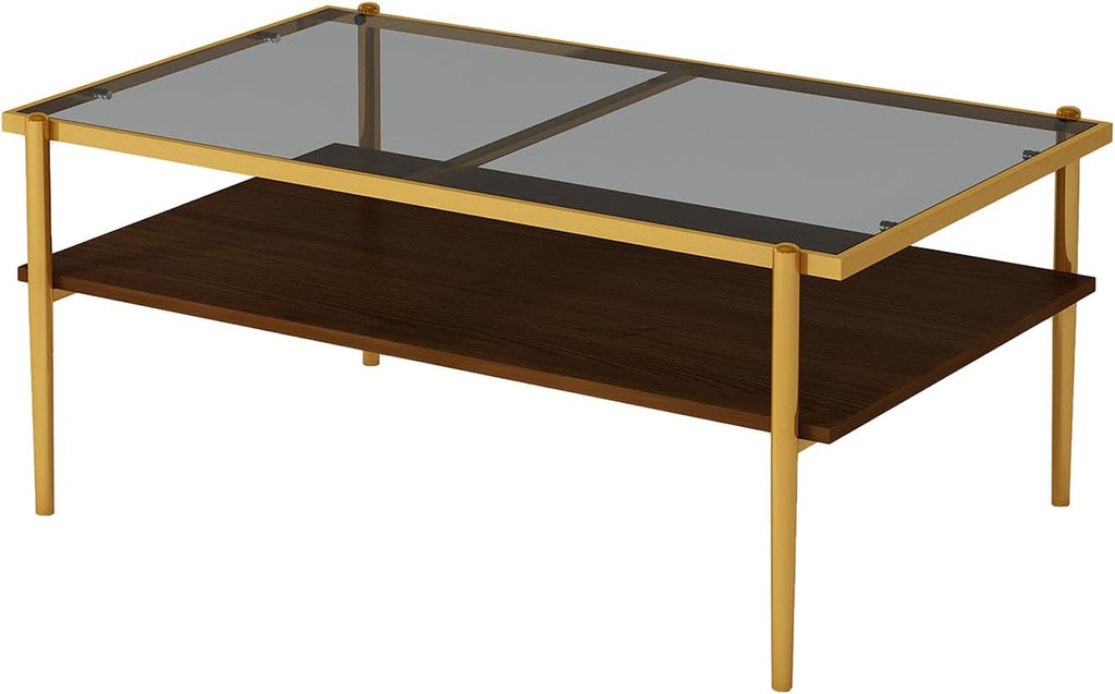 ODUSE-DAILY Coffee Table and End Table 3 Piece Living Room Set, Gold Metal Frame Glass Top End Tables, Square Top Shelf, Sofa or Couch Side Tables, Mesa de Centro para Sala (3 Pcs)