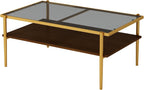 ODUSE-DAILY Coffee Table and End Table 3 Piece Living Room Set, Gold Metal Frame Glass Top End Tables, Square Top Shelf, Sofa or Couch Side Tables, Mesa de Centro para Sala (3 Pcs)