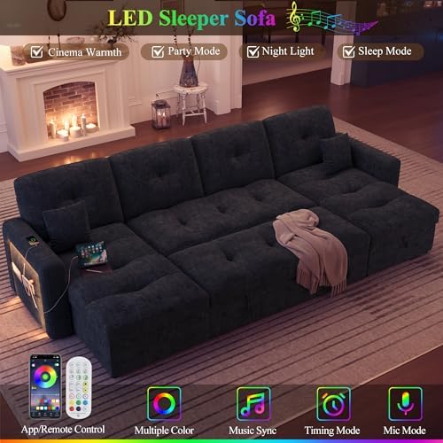 107'' LED U-Shaped Sectional Couch for Living Room, Sleeper Sofa Bed, Black | Comfy Chenille Cloud Couch, Pull Out Bed, Storage Chaise, 5-level Adjustable Backrest, USB Charging, 2 Pillow,1100LB Capacity