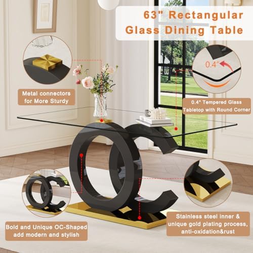 63" Glass Dining Table Set for 4, Modern Dining Table Set for 4, Tempered Glass Tabletop with Black OC-Shaped Legs and Gold Base, Black Gold Kitchen Table Set with 4 Cantilever Upholstered Chairs