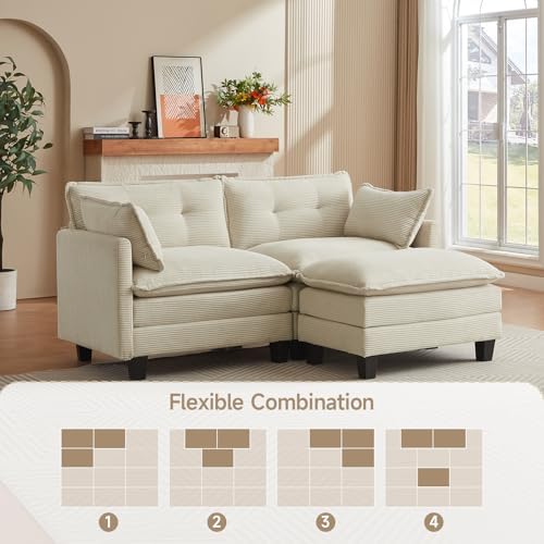 Amsleekey 76.5" L-Shaped Modular Sectional Sofa, Beige Corduroy | Cloud Couch for Living Room, 2 Seater Deep Seat Convertible Sleeper Sofa with 1 Movable Ottomans and 2 Leg Height Options