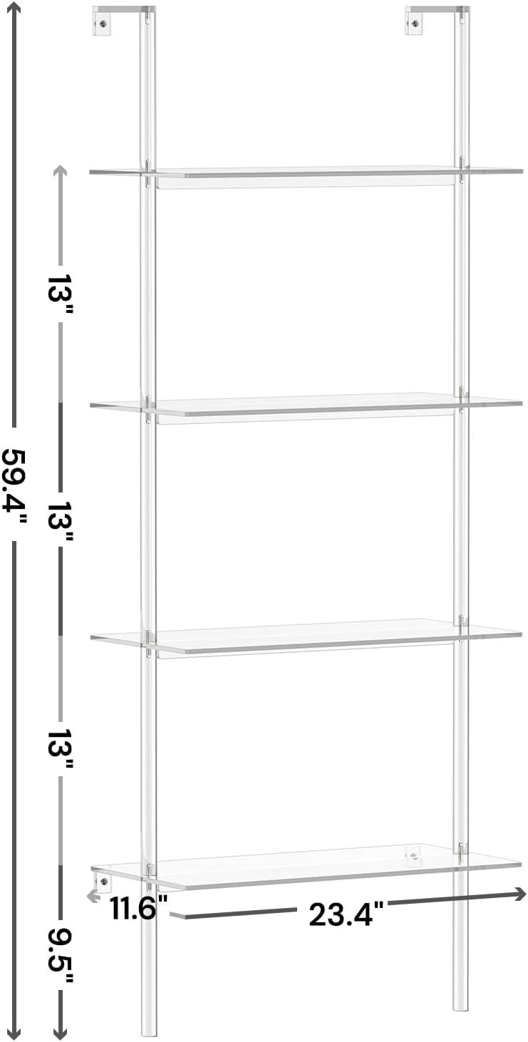 Acrylic Ladder Bookshelf, 4-Tier Clear Wall Mounted Bookshelf with Open Shelves, Multipurpose Bookcase for Living Room, Bathroom, Office, Modern, 11.6" D x 23.4" W x 59.4" H