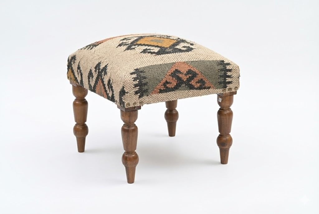 Handmade Jute Upholstered Ottoman Stool | Square Foot Rest with Wooden Legs | Decorative Accent Seating for Bedroom, Living Room, Entryway, Vanity & Hallway (Yellow-Beige)