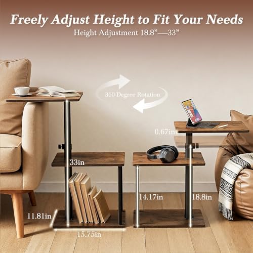 Faesun 360° Swivel Side Table for Height Adjustable, C Shaped End Table for Couch with Storage, 3-Tier Night Stand with Open Shelf, Tv Tray for Small Spaces, Living Room, Bedroom, Rustic Brown