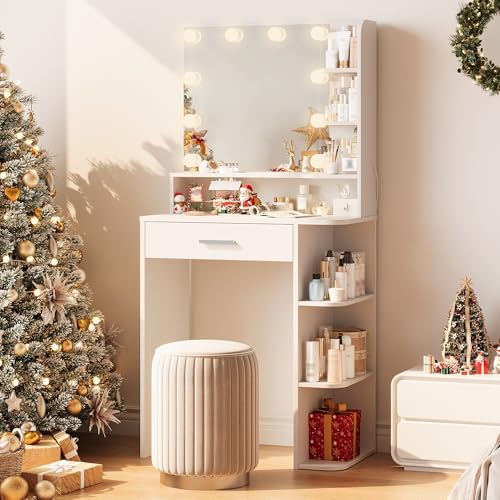 Makeup Vanity Desk with Mirror and Lights, 26.4”Small Vanity Mirror with Lights with Large Drawer and 6 Level Storage, White Vanity with Large Led Mirror with 3 Color Lighting Modes (White)