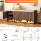 HOMEFORT 47.2" Fluted Shoe Storage Bench, Entryway Bench with Linen Seat Cushion, Shoe Cabinet Bench with Adjustable Shelf and Built-in LED Sensor Light, Bench for Bedroom End of Bed, Walnut