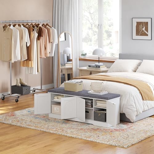 DINZI LVJ Shoe Storage Bench with Cushion, Door, White 47.2" LX17.7 H | Entryway Bench, 2-Tier Cabinet Bench, Widened Cubby, Fully Adjustable Shelves for Boots, Easy Assembly, Farmhouse, Bedroom