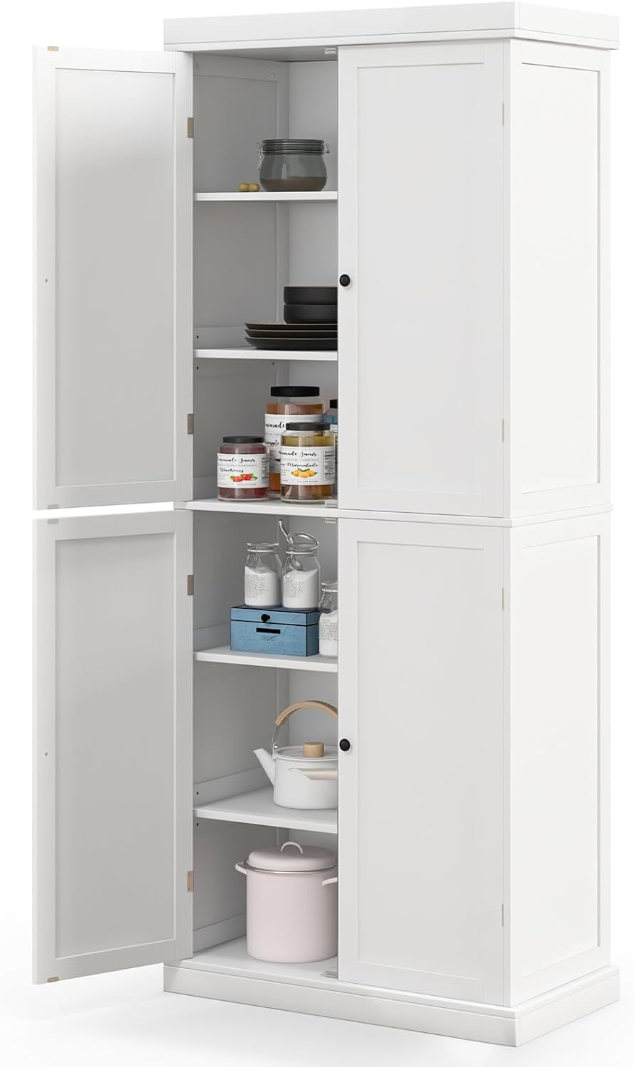 TANGZON 184CM Tall Kitchen Cupboard, 6-Tier Pantry Storage Cabinet with 4 Doors, 2 Adjustable Shelves & Anti-tipping Device, Freestanding Wooden Sideboard Unit for Dining Living Room (White)