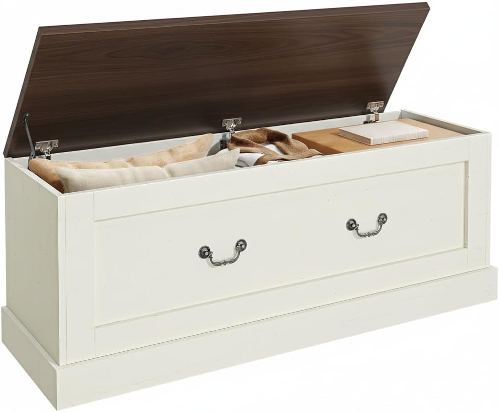 Storage Chest, 47.2" Storage Bench with 3 Safety Hinges, Entryway Bench with Lift Top, Farmhouse Style, Wooden Chest Organizer for Entryway Living Room Hallway, Off White