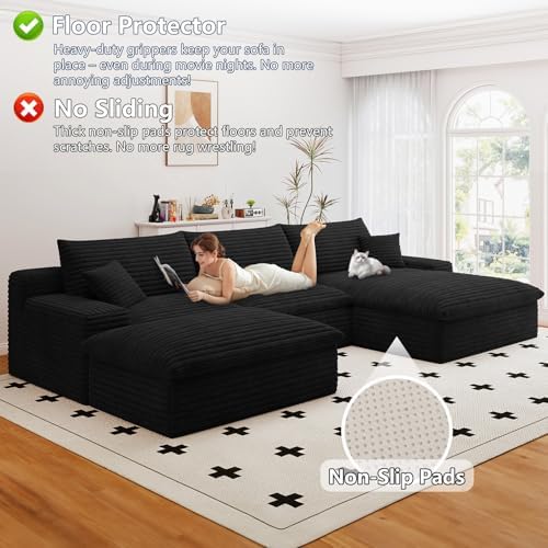 107" Cloud Couch Modular Sectional Sofa for Living Room, U-Shape Couch with Deep Seat, Modern Corduroy 3-Seater with Ottoman, No Assembly Required (Black,Right-Facing Chaise)