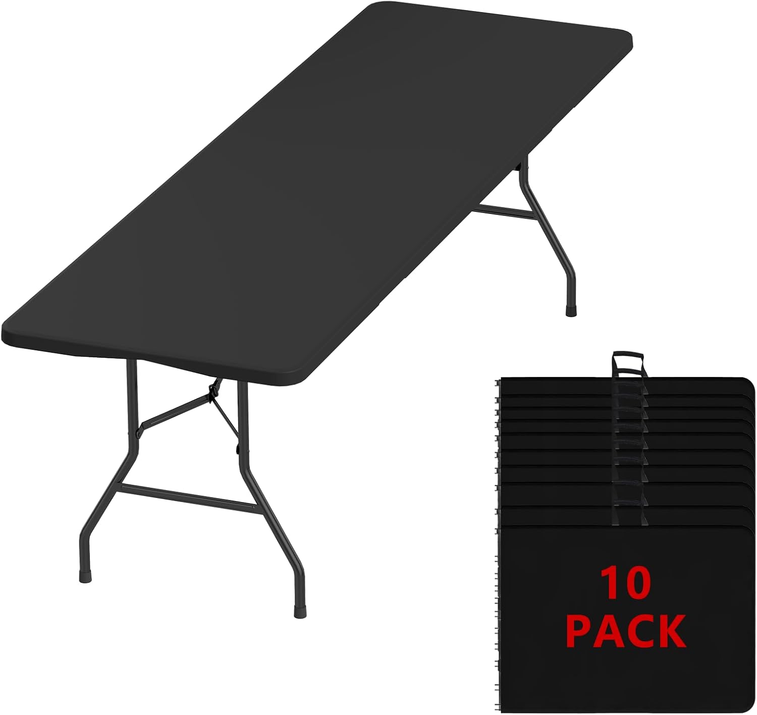 8FT Folding Tables – Heavy Duty Portable Foldable Picnic Table with Built-in Handle, 450 lb Capacity – Ideal for Events, Parties, Crafts, Camping & Dining (10-Pack, Black)