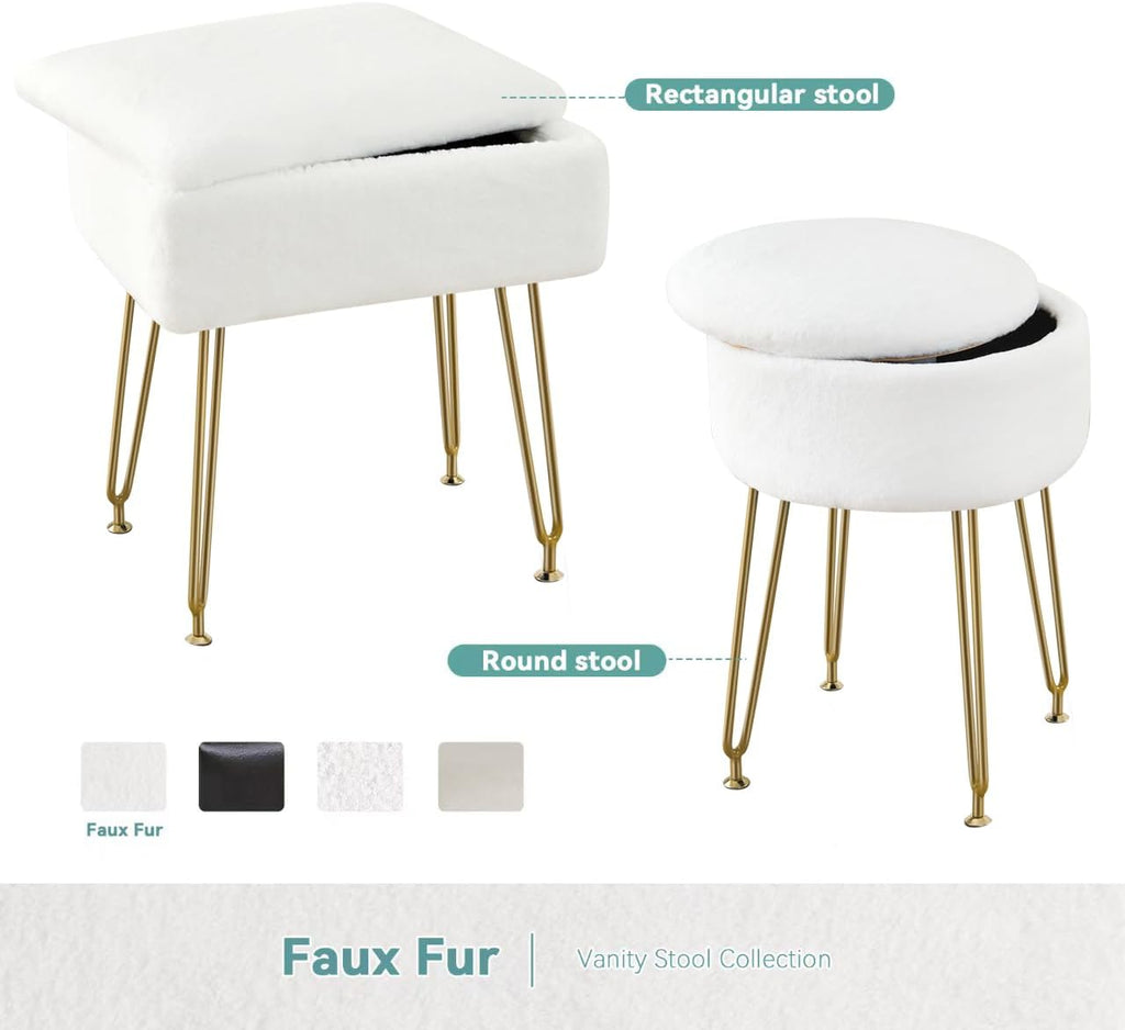 BRIAN & DANY Vanity Stool, Faux Fur Vanity Stool Chair with Storage, Round Makeup Chair Soft Padded Seat with Legs for Bedroom (White)