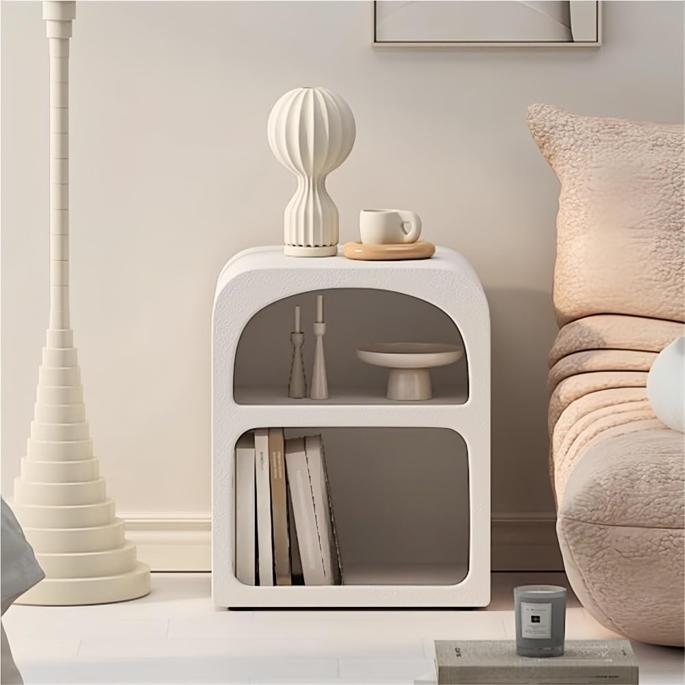 Modern Side Table, Creative Decorative Side Table, Nightstand with 2 Layers of Open Storage, Half-Moon Bedside Table for Bedroom, Office, Living Room, Apartment(Small)