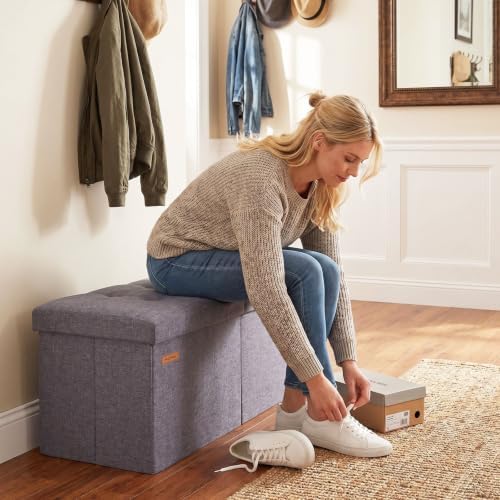 HAUSFRAU Ottoman with Storage Bench Folding Foot Rest Stool Linen Red | 31.5", Flip Lid, Small Upholstered Foldable Footrest Footstool, Bedroom Bench, Living Room Dorm Ottoman, Rectangle