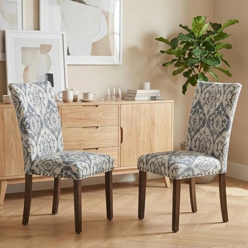 Furniliving Upholstered Dining Chairs Set of 2 - Line Fabric Modern Farmhouse Kitchen Chairs, High-Back Dining Room Chairs with Wooden Legs for Kitchen Dining Room Living Room.Floral Blue