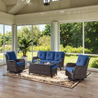 Belord Wicker Outdoor Furniture Patio Furniture Set - 6 Piece Patio Conversation Set with Swivel Rocker Chairs, Rattan Sofa, Ottomans and Coffee Table, Blue Cushion