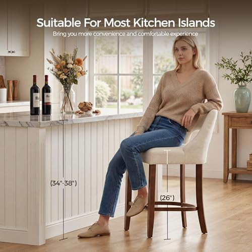 UVV Bar Stools Set of 4, Upholstered Counter Height Bar Stools, Modern Counter Stools with Wood Legs for Kitchen Island Dining Room Bar, Beige