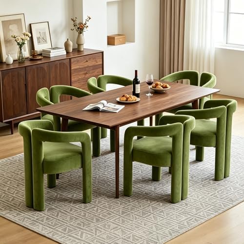 Modern Velvet Dining Chairs Set of 1, Mid Century Modern Upholstered Accent Chair with Curved Backrest and Armrests, Round Thick Cushion Kitchen Chair with Metal Legs (1pcs Velvet Green)