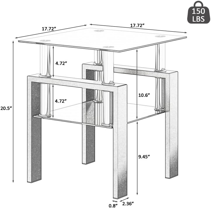 Set of 2, Modern Tempered Glass Tea Table Coffee Table End Table, Square Table for Living Room, Black